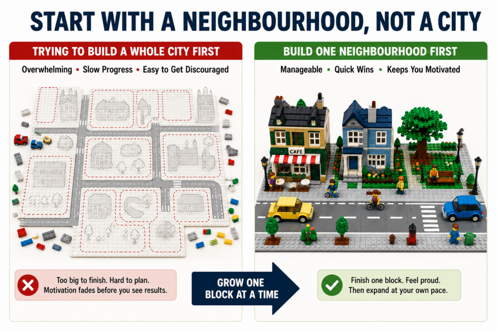 Comparison showing why building one complete LEGO neighbourhood is better than attempting an entire city at once.
