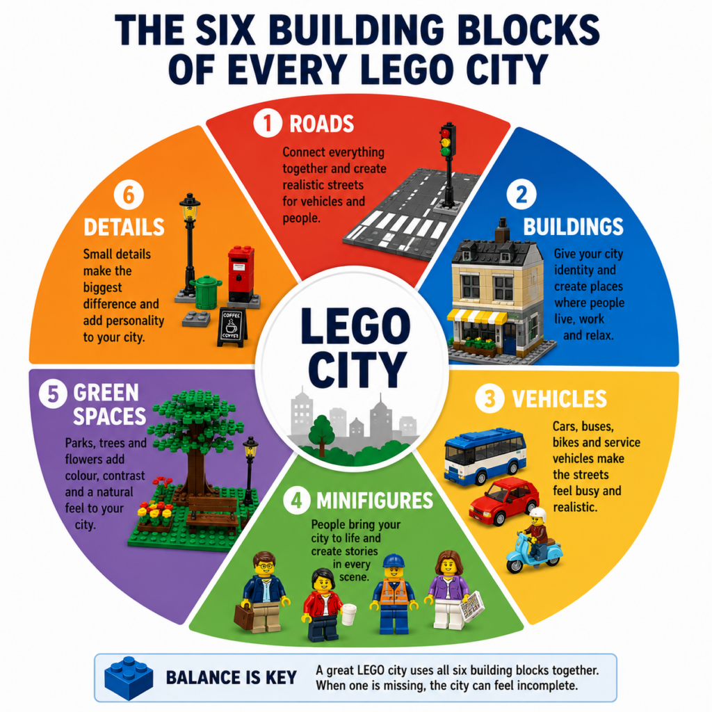 Infographic showing the six essential elements that make up a balanced LEGO city.
