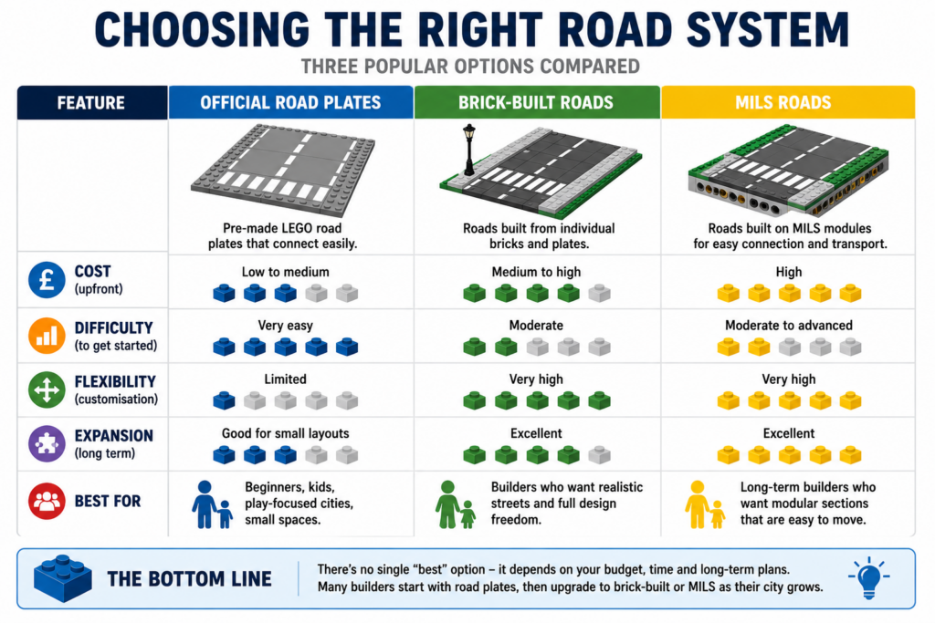 Comparison chart explaining the differences between LEGO road plates, brick-built roads and MILS roads.
