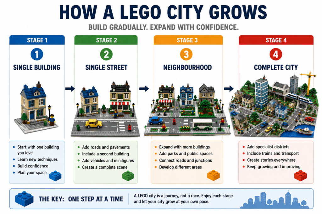 Four-stage diagram showing how a LEGO city grows from a single building into a complete city.

