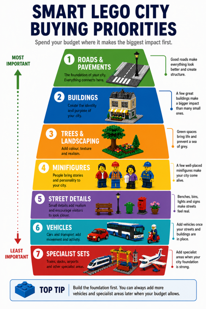Priority pyramid showing the recommended order for buying LEGO city components.
