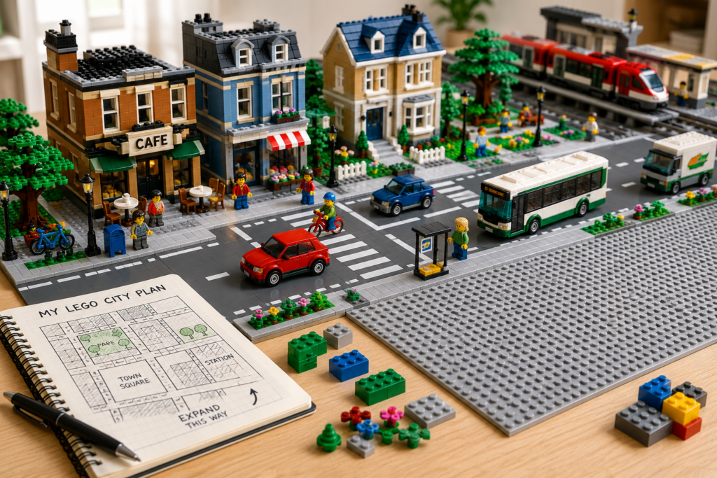 Small beginner-friendly LEGO city with roads, houses, trees and modular buildings expanding across a tabletop.
